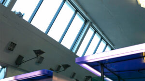 A detail of the bright skylights in the Digital Depot building