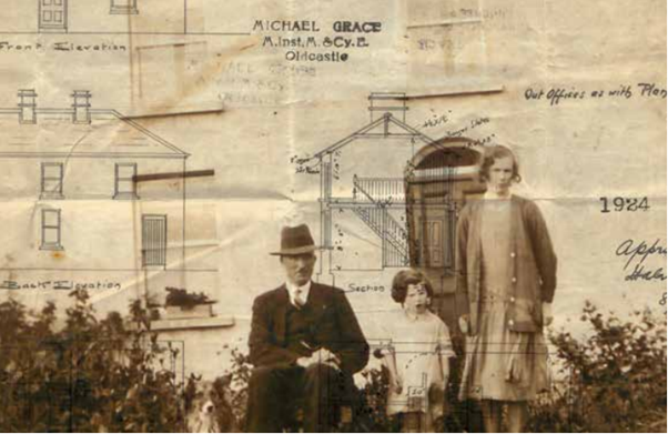 A black and white image of a family standing in front of bushes. The background of the image is architectural drawings of houses.