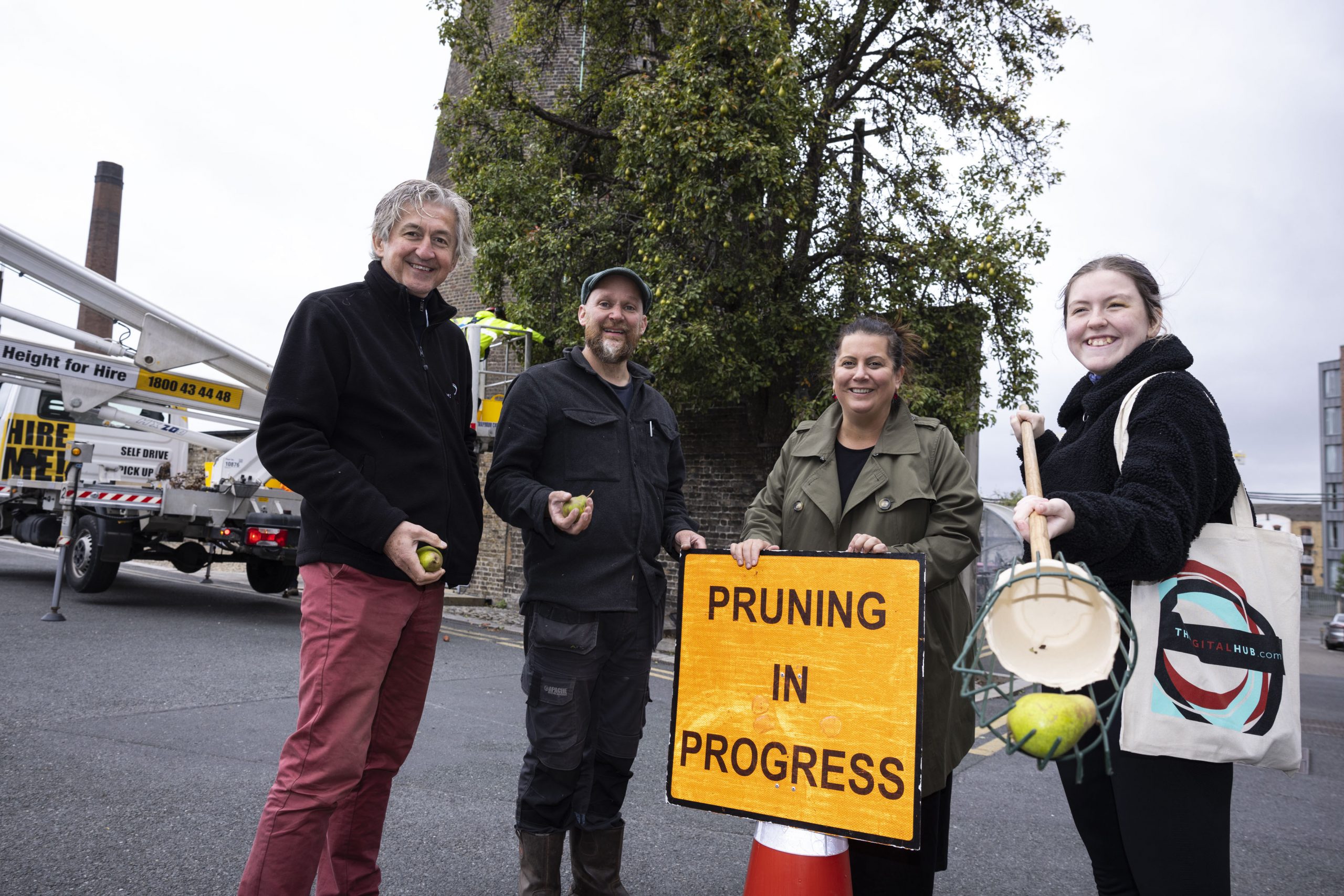 A group of 4 people standing in front of the pear tree at The Digital Hub. Two people are holding green pears, one person is standing in front of a sign, that reads 'Pruning in progress' and another person is holding a pear picker, which is a long stick with a basket on the top for collecting pears from high branches.