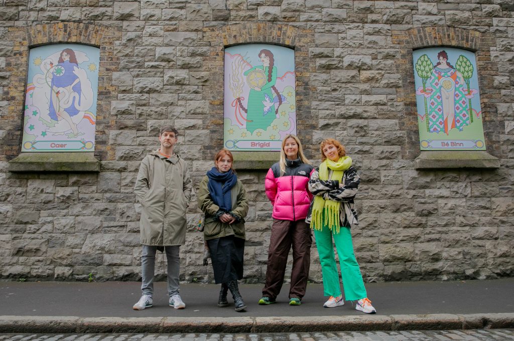 Artists Claire Prouvost, Beibhinn Ellis and Sophia Vigne Welsh alongside writer and actor Emmett Kirwan, at the launch of Better City, a spectacular outdoor gallery in Dublin 8, as part of St Patrick’s Festival 2024. Pic: Gareth Chaney