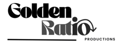 Golden Ratio Productions: stylised "Golden" above "Ratio" in black and grey text with a curved arrow forming the "o" and a horizontal underline. Production is in small black text to the right of the horizontal line.