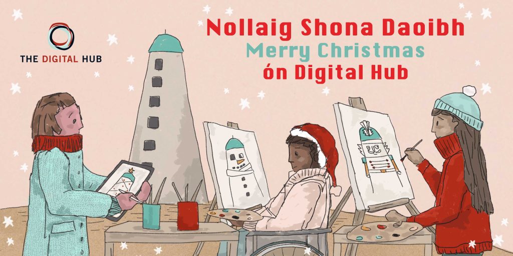 An illustration of three people looking at St. Patrick’s Tower at The Digital Hub. One is standing at an easel, another in a wheelchair at an easel and both are painting their representations of the tall tower structure. A third person is standing using a tablet to create her artwork. They are wearing red Santa hats and little snowflake motifs are dotted against the pink background.