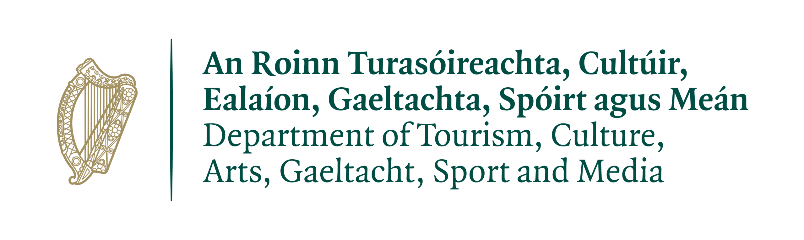 The Government of Ireland logo for the Department of Tourism, Culture, Arts, Gaeltacht, Sport and Media. The logo is comprised of the departments name in dark green and the gold harp alongside it.