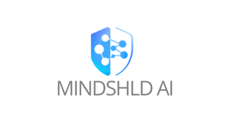 MiNDSHLD AI corporate logo featuring a blue and white shield with interconnecting blue and white dots. 'MINDSHLD AI' is in grey text in capital letters below the shield.